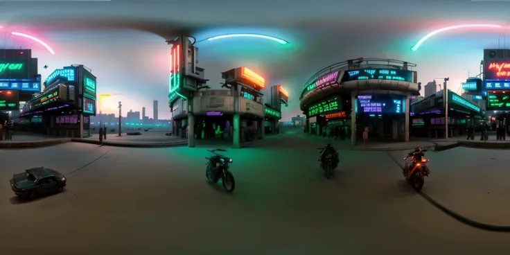 cyberpunk city, neon lights, distopic, trafic, octane render, hyperdetailed, 360 degrees panorama