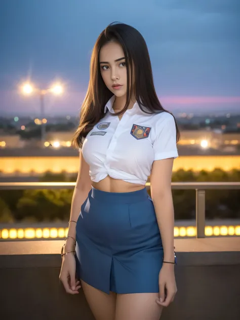 1girl, (uniform), standing, outdoors, night view, detailed Metropolitan city at the background, (zoom out: 1.4), detailed face, cute angry face, detailed eyes, medium large breasts, six pack abs, smooth realistic skin, semi-curvy body, white shirt, grey bl...