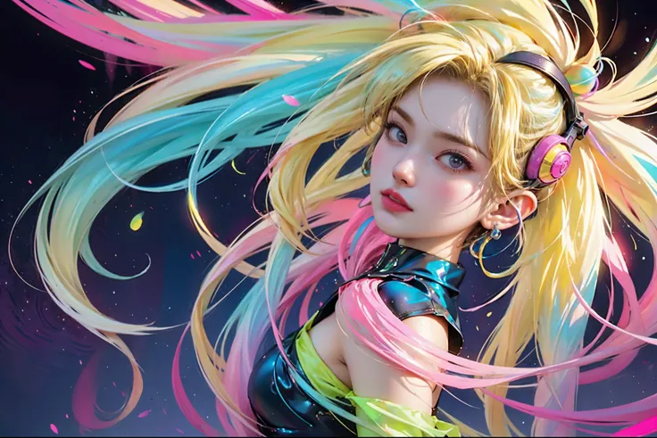 A captivating and surreal digital artwork of a womans profile, where she dons a stylish ren and yellow neon headphones. Her vibrant hair and face merge seamlessly with an array of abstract, liquid-like forms, such as splashes, drips, and bubbles, in a dazz...