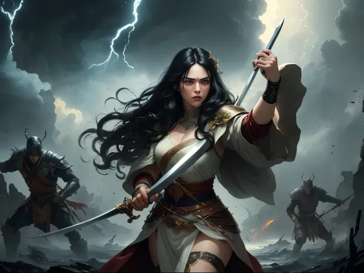 ((best quality)), ((masterpiece)), (detailed), A digital illustration of a furious queen with long black hair holding a sword and fighting off monsters in a stormy background. The women is wearing a queen traditional war attire