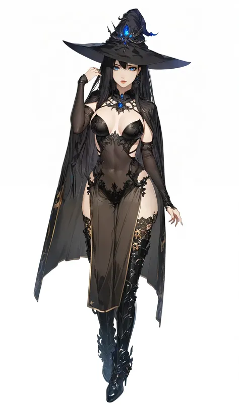 masterpiece, best quality, good quality, Fantasy Aesthetic, Highly detailed, shadowverse style, female, blue eyes, long hair, dark black hair, sorcerer, beauty, sexy, goth