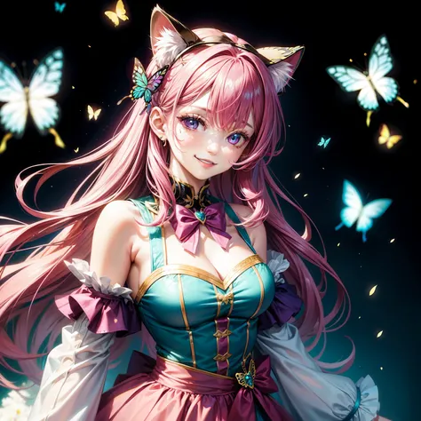 Magenta hair, pretty eyes, older woman, hair bows, cat ears, long hair, smiling face, sexy outfit, butterflies, teal and gold outfit, butterfly background, uniform top