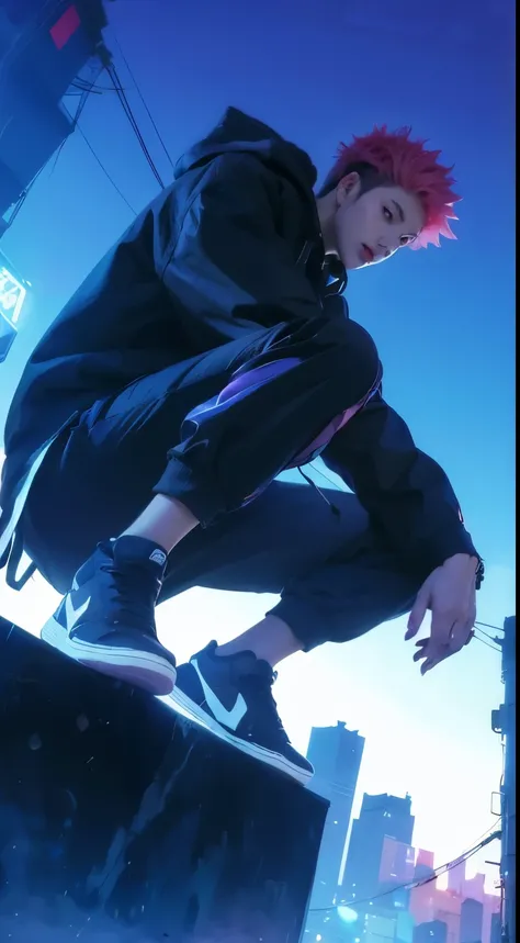 Itadori yuuji, jujutsu kaisen, pink hair, brown eyes, black clothes, sneaker shoes, modern city background, cyberpunk light effect, detailed eyes, detailed hand, detailed face, detailed hair, detailed lips, ultra realistic, ultra detailed, best quality, ma...