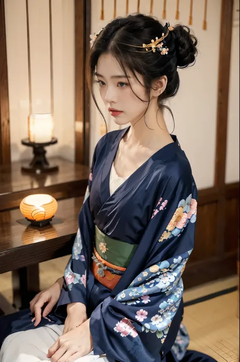 (((best quality))),(((ultra detailed))),(((masterpiece))),illustration,((1 beautiful Japanese girl,solo)),((slim,thin)),((small breasts,flat chest)),serene,melancholic,(rainy:1.3),(night scene:1.3),(in izakaya:1.3),(bun hair:1.2),(traditional Navy blue flo...
