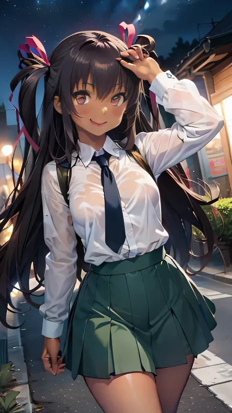 1girls ai_generated areolae blonde_hair blonde_hair blue_ribbon breast_sucking breasts breasts_out dark-skinned_male dark_skin golden_darkness green_skirt hair_ornament half-dressed head_grab konjiki_no_yami licking long_hair looking_at_viewer multiple_boy...