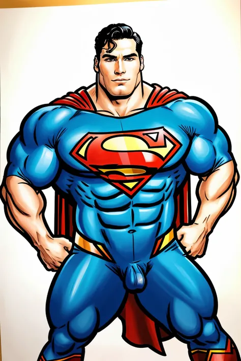 A big muscular bear in a superman suit showing his veiny penis in furry drawing style Gay porn with a big bulge between his legs