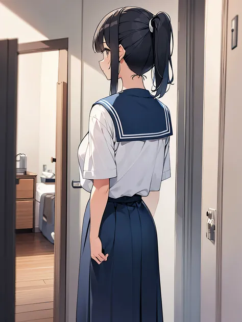 View from directly behind:1.9 Close-up on the back of the head:1.9. Back:1.9 Women　Apartment room　Full body view　High ponytail:3.6　Working adult, white summer sailor uniform, dark blue collar, dark blue ribbon, dark blue skirt, short black hair, straight h...