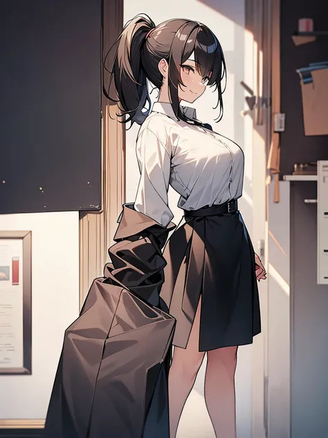 View from directly behind:1.9 Close-up on the back of the head:1.9. Back:1.9 Women　Apartment room　Smiling Full Body　High ponytail:3.6　Working adult, white collared shirt, 3/4 sleeves, black skirt, black jacket, short black hair, straight hair, hair tie　Bro...