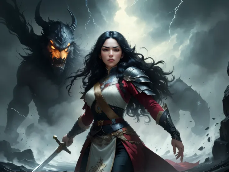 ((best quality)), ((masterpiece)), (detailed), A digital illustration of a furious queen with long black hair holding a sword and fighting off monsters in a stormy background. The women is wearing a queen traditional war attire