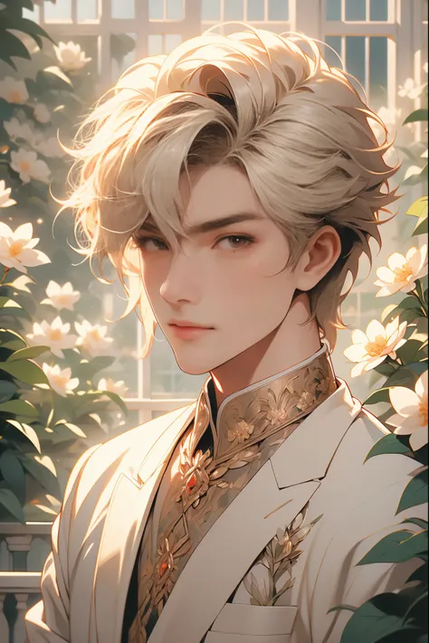 extremely delicate and beautiful, Amazing, finely detail, masterpiece, ultra-detailed, highres,best illustration, best shadow,intricate,sharp focus,  high quality, 1male, solo, blond hair. red eyes, kaveh genshin impact, glass greenhouse, flowers in pots, ...