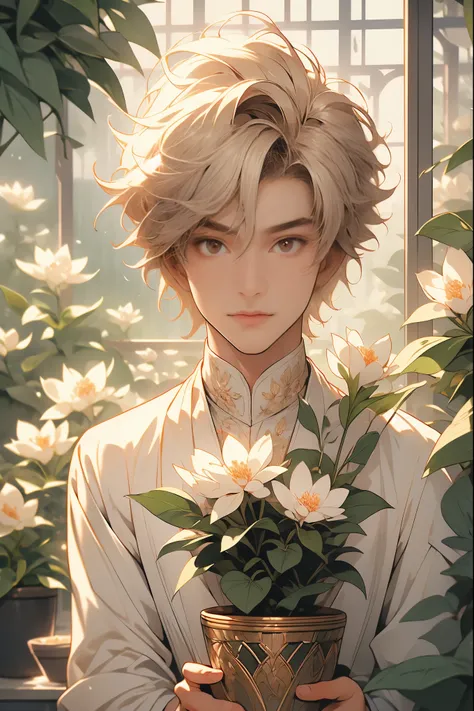 extremely delicate and beautiful, Amazing, finely detail, masterpiece, ultra-detailed, highres,best illustration, best shadow,intricate,sharp focus,  high quality, 1male, solo, blond hair. red eyes, kaveh genshin impact, glass greenhouse, flowers in pots, ...