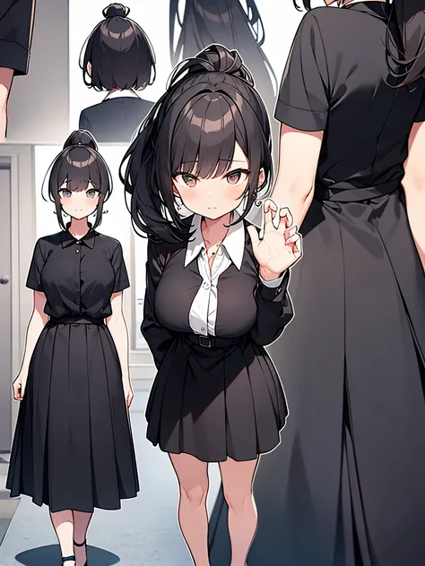 View from directly behind:1.9 Close-up on the back of the head:1.9. Back:1.9 Women　Confused Apartment Room　Full body view　High ponytail:3.6　Working adult, white collared shirt, 3/4 sleeves, black skirt, black jacket, short black hair, straight hair, hair t...