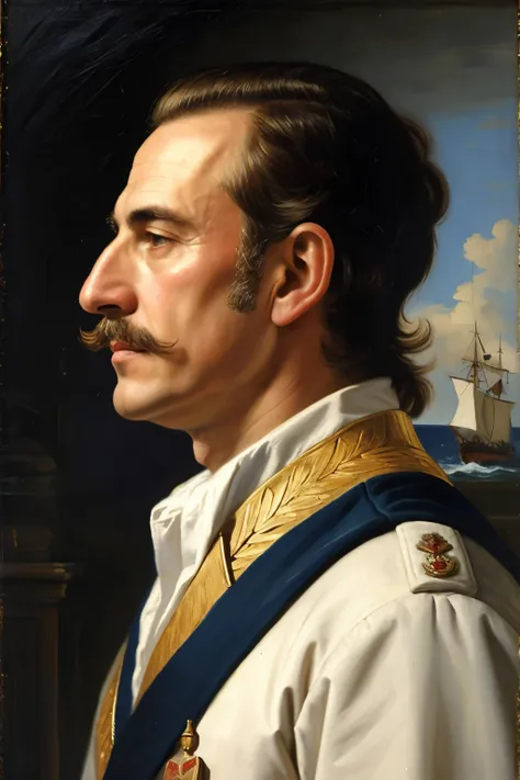 ((Best Quality)), ((masterpiece)), (detailed) (oil painting) 1 man, naval military, old, Naples 1700, sailor, profile.