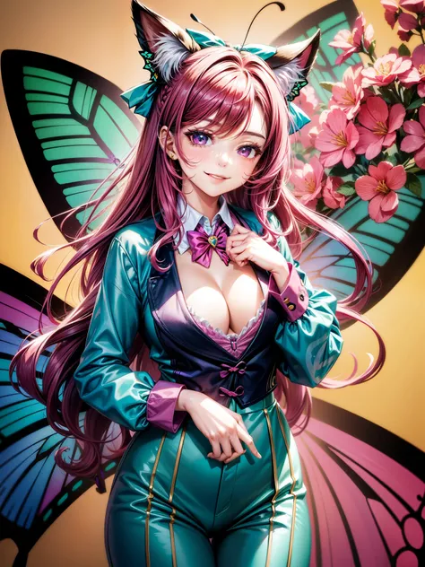 Magenta hair, brown eyes, older woman, hair bows, cat ears, long hair, smiling face, sexy outfit, butterflies, teal and gold outfit, butterfly background, uniform open chest top