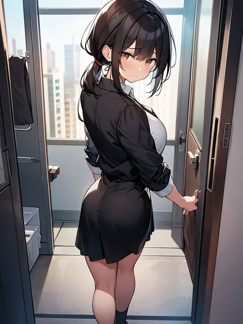 Solo: Composition seen from directly behind:1.9 Close-up on the back of the head:1.9. Back:1.9 Women　Crying face Tears:1.9. Apartment Room　Full body view　High ponytail:3.6　Working adult, white collared shirt, 3/4 sleeves, black skirt, black jacket, short b...