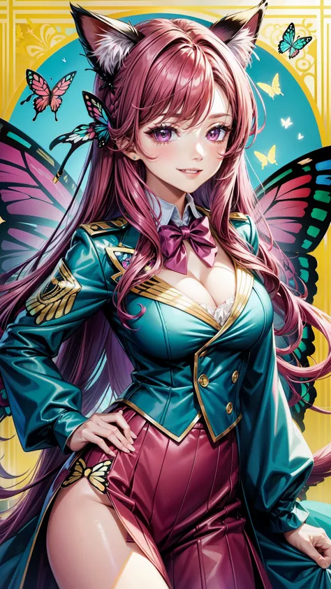 Magenta hair, brown eyes, older woman, hair bows, cat ears, long hair, smiling face, sexy outfit, butterflies, teal and gold outfit, butterfly background, uniform open chest top