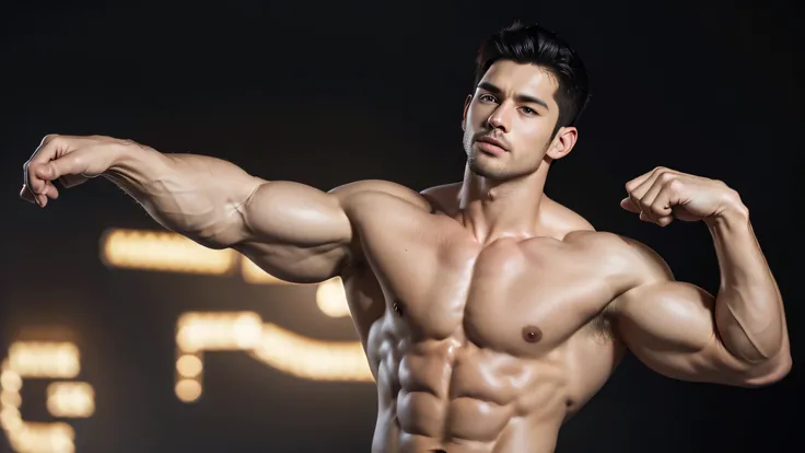 (((short hair)))，Short hair，Two 40-year-old handsome muscular men with stubble hugging, very handsome, Perfect facial features, No clothes, Armpit Hair, Pure black background, Fit body, Perfect composition,  beard,Bodybuilding Champion，No chest hair，Smooth...