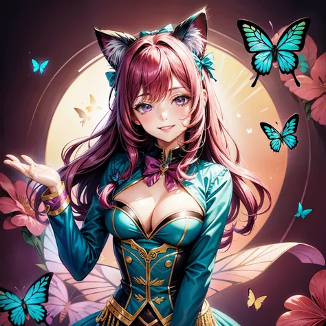 Magenta hair, brown eyes, older woman, hair bows, cat ears, long hair, smiling face, sexy outfit, butterflies, teal and gold outfit, butterfly background, uniform open chest top