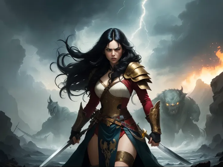 ((best quality)), ((masterpiece)), (detailed), A digital illustration of a furious and angry queen with long black hair holding a sword and fighting off monsters in a stormy background. The women is wearing a queen traditional war attire