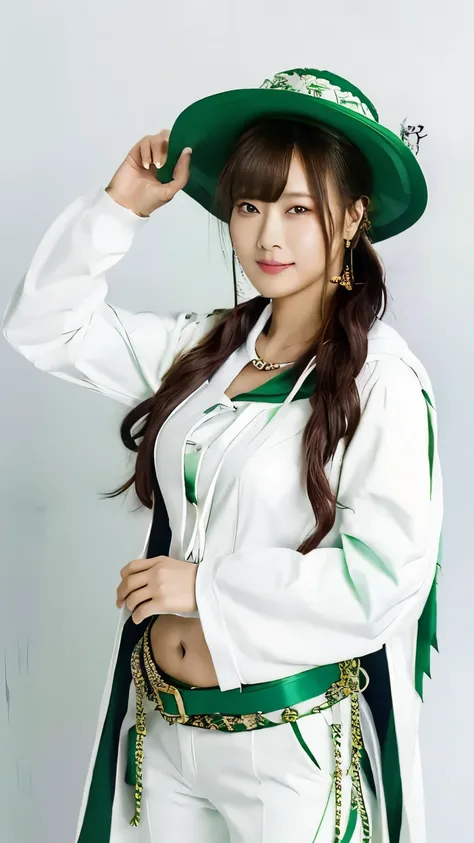 Late 20s、Female Knight、Ponytail Hair、Showing her belly、wears a long-brimmed hat、Wearing tight white pants、Wearing a dark green floral vest、Wearing a green tie、Wearing a flashy white cloak、She has a belt and two chains around her waist.、White background