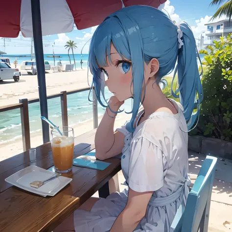 Seaside, blue eyes, ponytail, White dress, Cafe, Profile, Beach,Beach parasol, Relax, tropical juice, aquamarine hair, water drop