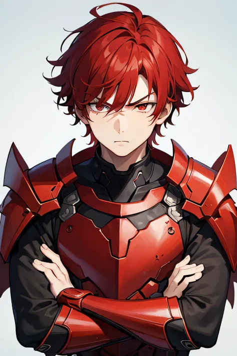 1boy, red hair, red eyes, iron armor, serious expression, serious face, close mouth, Point of view, front view, crossed arms, 1boy