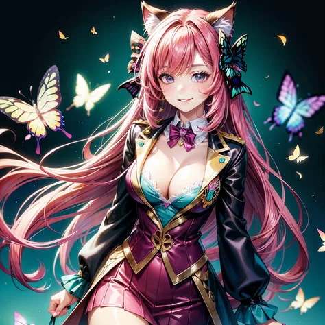 Magenta hair, brown eyes, older woman, hair bows, cat ears, long hair, smiling face, sexy outfit, butterflies, teal and gold outfit, butterfly background, uniform open chest top