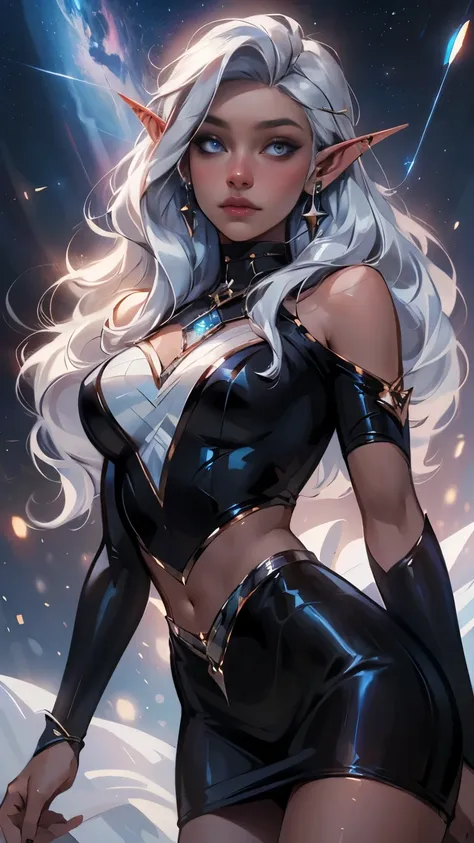 Princess allura, blue eyes, white hair, pointed ears, dark skin, dark-skinned woman, mark on the face, elf, dark elf, jewelry, earrings, loose hair, space, starry sky, galaxies, looks at the viewer, cowboy shot, solo, Dutch angle, hd