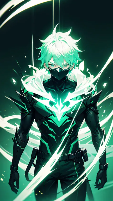 Generate a 2d Anime boy character in dark and green and white them with dark room in gaming lighting with awesome glow effect wearing a black body and black mask The Mask have unique design 