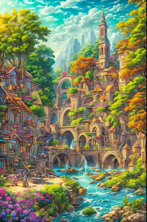 a highly detailed, photorealistic masterpiece of a surreal and imaginative painting of a medieval city, 8k resolution, vibrant c...