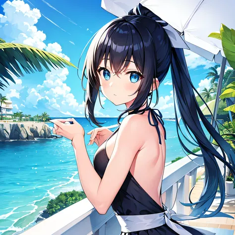 seaside, girl looking at the sea, blue eyes, ponytail, black hair, white dress, cafe, beach,beach parasol, relax, tropical juice...