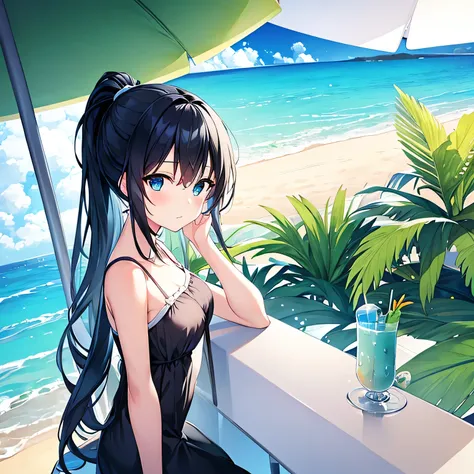 seaside, girl looking at the sea, blue eyes, ponytail, black hair, white dress, cafe, beach,beach parasol, relax, tropical juice...