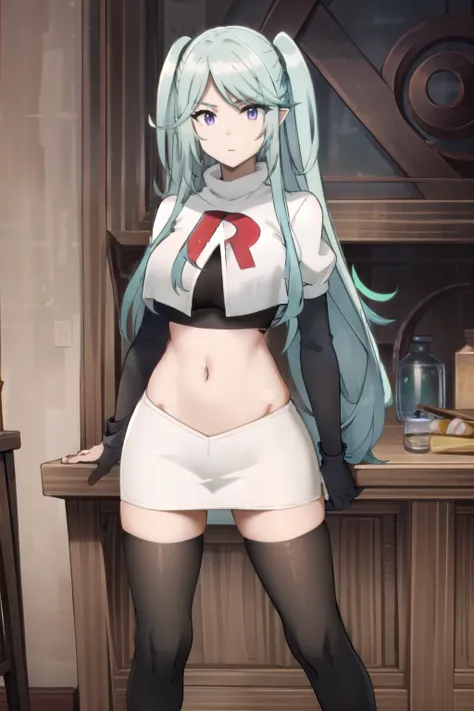 tall body, tall, long legs, mature female, mature, adult, simple background,
eft_eminence_epil, 1girl, twintails, purple eyes, long hair, looking at viewer, solo focus, bangs, blue hair, indoors, very long hair, breasts, sidelocks, team rocket,team rocket...