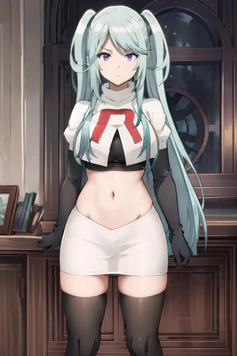 tall body, tall, long legs, mature female, mature, adult, simple background,
eft_eminence_epil, 1girl, twintails, purple eyes, long hair, looking at viewer, solo focus, bangs, blue hair, indoors, very long hair, breasts, sidelocks, team rocket,team rocket...