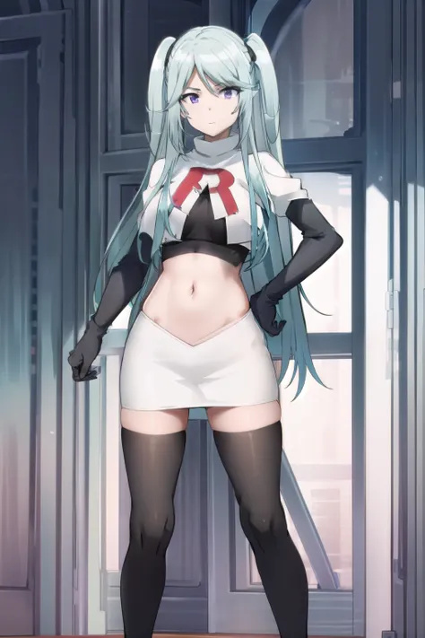 tall body, tall, long legs, mature female, mature, adult, simple background,
eft_eminence_epil, 1girl, twintails, purple eyes, long hair, looking at viewer, solo focus, bangs, blue hair, indoors, very long hair, breasts, sidelocks, team rocket,team rocket...