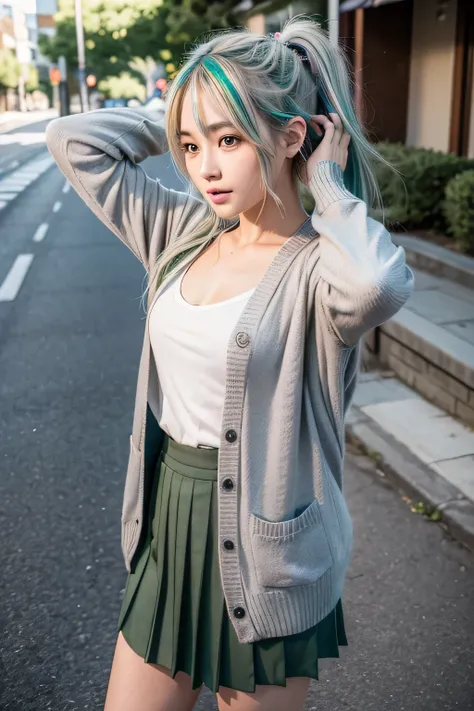 masterpiece , Highest quality,Nahida(Genshin Impact) ,One girl , Small breasts,Long Hair ,Side Ponytail, hair ornaments , Gray Hair , Green Hair , Place your hands behind your head:1.5,Multicolored Hair, Fairy , Pointed Ears ,  , skirt ,cardigan,road , str...