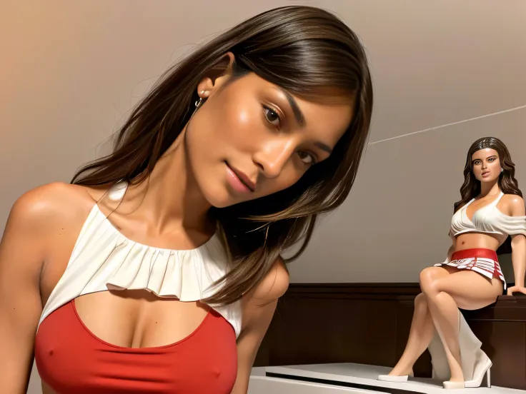 The image shows a beautiful 40-year-old woman with tanned white skin and brown hair, ((((extremely low-cut red top)))) and ((((white mini skirt)))), is posing with a statue of a woman in a bikini, bust, statue of the perfect woman, female face and bust, sh...