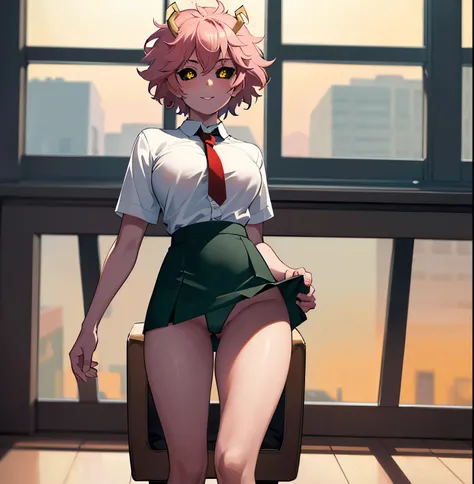 ((1girl)),((alone)),mina ashido,(masterpiece), (best quality), (ultra detailed), (best illustration), (best shadow), (absurdities), sharp focus, cowboy shot , dynamic posture looking at the viewer, big breasts, narrow waist, wide hips, wide thighs, round b...