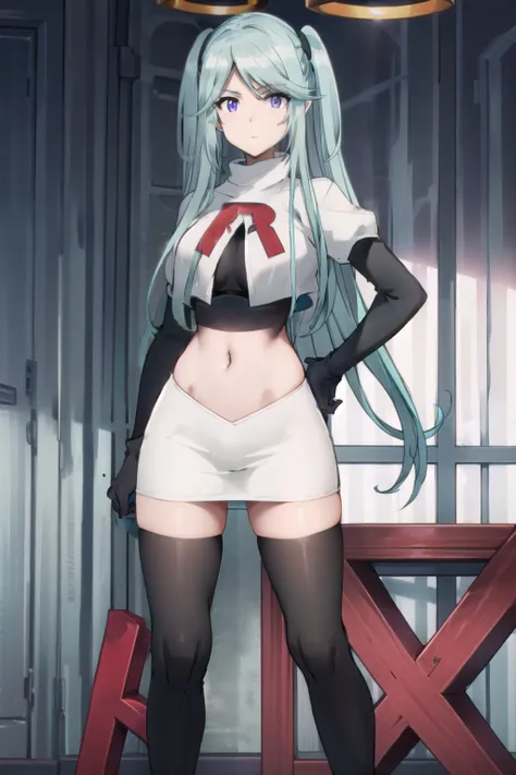 tall body, tall, long legs, mature female, mature, adult, simple background,
eft_eminence_epil, 1girl, twintails, purple eyes, long hair, looking at viewer, solo focus, bangs, blue hair, indoors, very long hair, breasts, sidelocks, team rocket,team rocket...