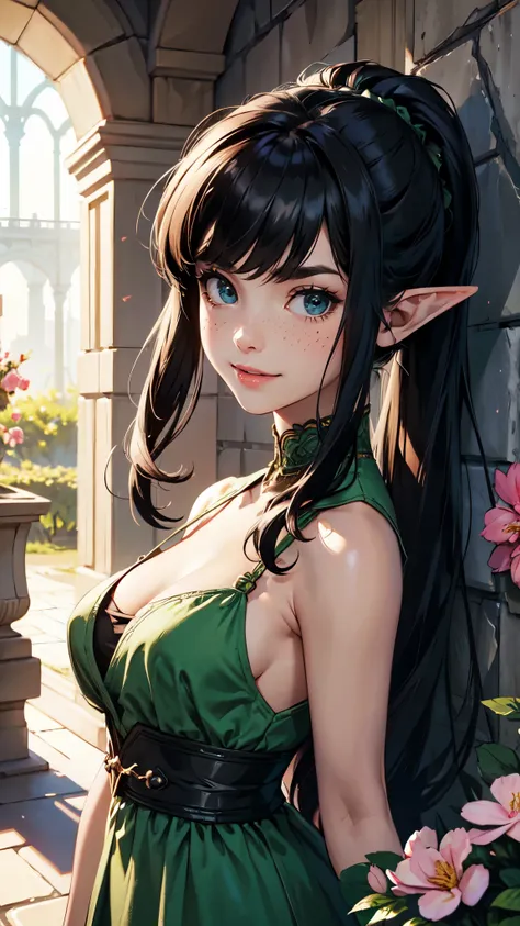 highres, masterpiece, perfect lighting, bloom, cinematic lighting, adult, female, looking at viewer, clamj, a woman in a dress standing in front of a wall of flowers, edgLRS dress, wearing edgLRS, side-swept bangs, black hair, pink IncursioDipDyedHair, mes...