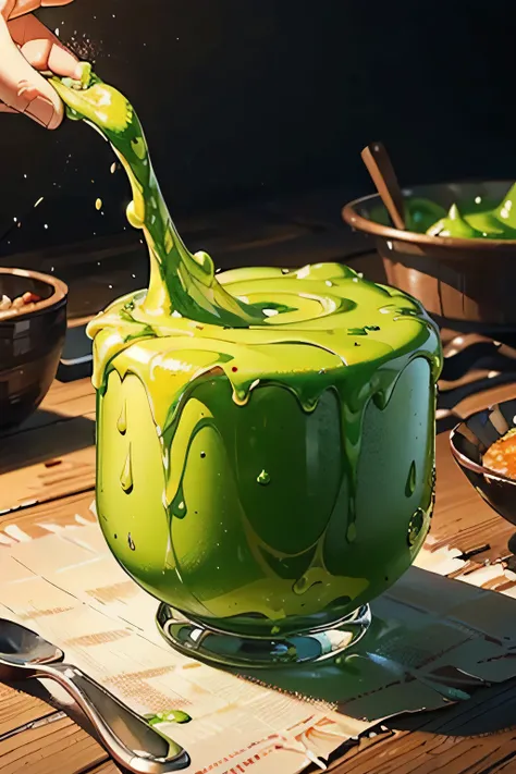 (Many dishes made from slime are lined up on the table, raw slime, dried slime, slime drink) sharp focus, vibrant color, oil painting, (masterpiece, best quality, high_resolution), cinematic lighting, fire light glow