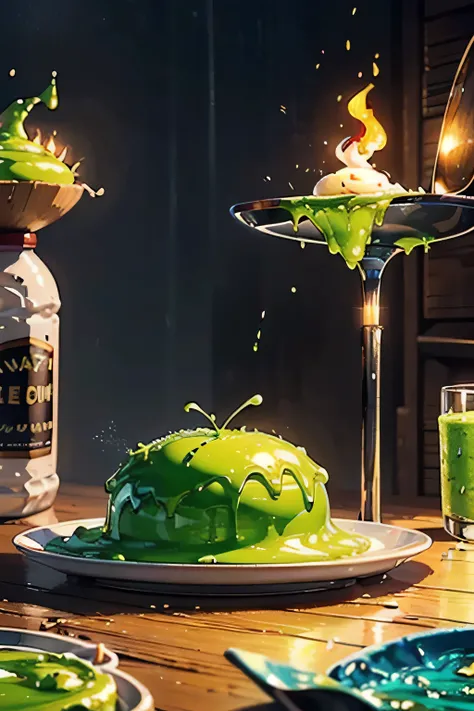 (Many dishes made from slime are lined up on the table, raw slime, slime ice cream, slime drink) sharp focus, vibrant color, oil painting, (masterpiece, best quality, high_resolution), cinematic lighting, fire light glow