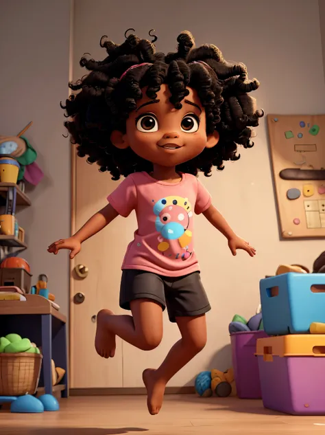 4 year old ,black, with curly hair, IN SLIPPERS, COLORFUL SHORT, from sideways, JUMPING HOPSHOT