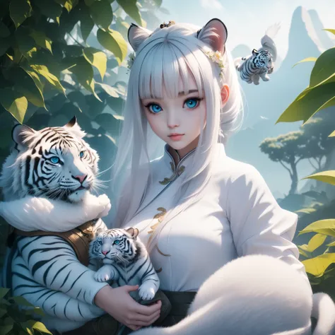 girl and white tiger , reflective scale , bird mountain brightness , extreme closeups , wide angle ,16K, light and shadow effects , masterpiece , ultra - high quality -- ar 3:4-- s 400