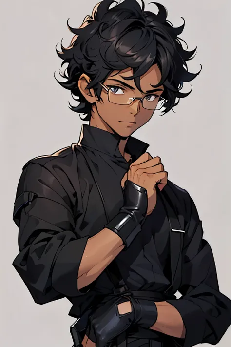 ((detailded)), ((anime work)), ((Youngh)), 1 16 year old teenager, very thin, dark-skinned, wear glasses, short curly hair, black gloves on hands, Dark clothes