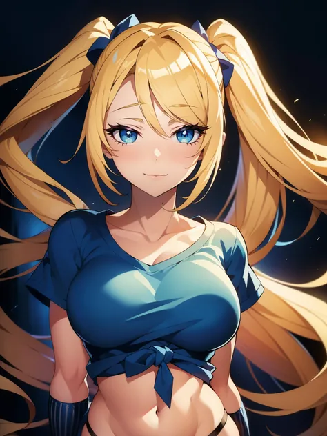 1girl, solo, portrait of a woman with blonde hair, long flowing pigtails, wearing a blue shirt, wearing a t-shirt, shirt tied in a shirt knot, exposed navel, anime illustration, anime girls, vivid colors, detailed facial features, dramatic lighting, digita...