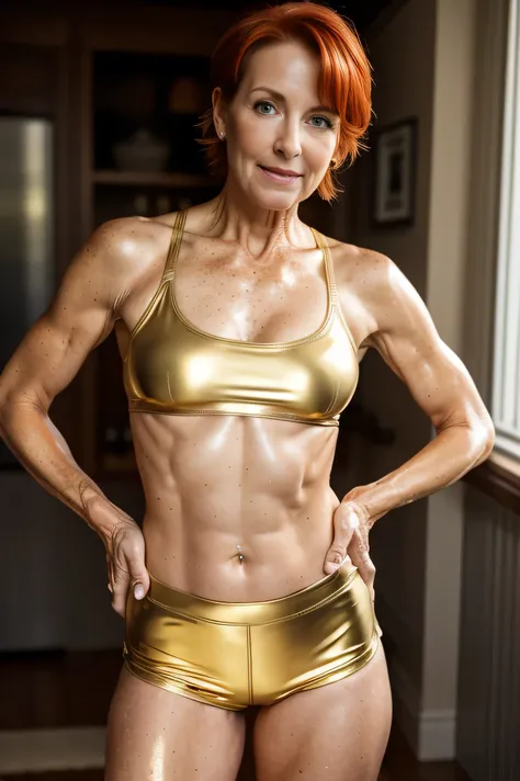 Masterpiece, 62 year old girl, metallic gold sports bra, metallic gold short shorts, booty shorts, wet skin, red hair, freckles, facing the camera, standing 