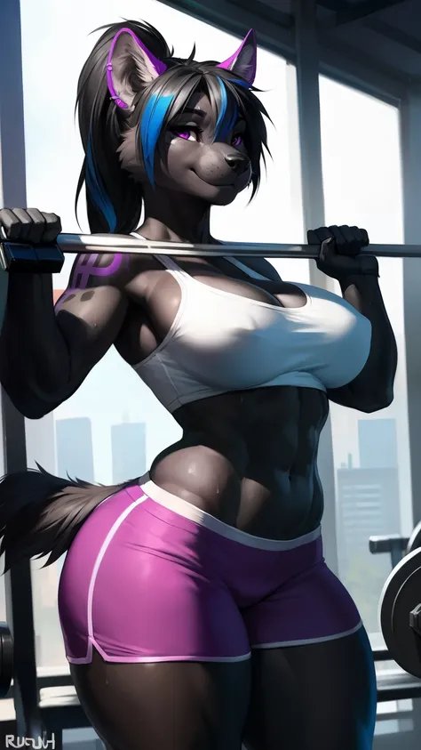 (anthro)) hyena, Ross Tran, by ruan jia, by zaush, by foxovh, by cutesexyrobutts, by cervina_7, by sligarthetiger, Best Quality, masterpiece,, Illustration, Wallpaper,1girl in, Solo, black hair,ponytail hair, hair black with highlights blue, dot piercings ...