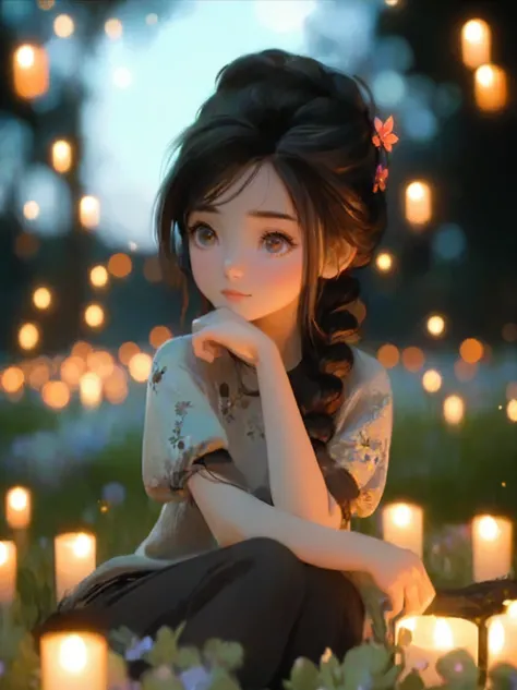 A girl sitting in a field of candles，Wearing a flower on the head, Beautiful Lights, beautiful Soft lighting, Japanese cartoons. Soft lighting, 8K Artgerm bokeh, Cute digital art, Gu Weiss, Lovely and detailed digital art, Nice lighting, beautiful Japanese...