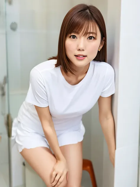 a thin japanese woman in her 20s, detailed face, round face, cute face, narrow eyes, neat, ladies room, white room, white t-shir...